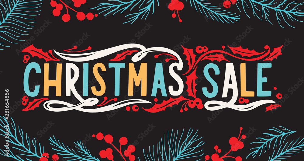 Christmas sale chalkboard background with holiday decorations.