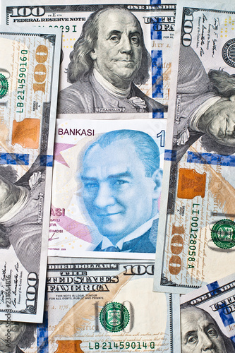 Fototapeta Naklejka Na Ścianę i Meble -  Close-up Turkish One Hundred Lira and US One Hundred Dollars banknote.