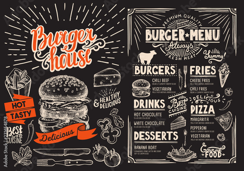 Burger restaurant menu on blackboard. Vector food flyer for bar and cafe. Design template with vintage hand-drawn illustrations.