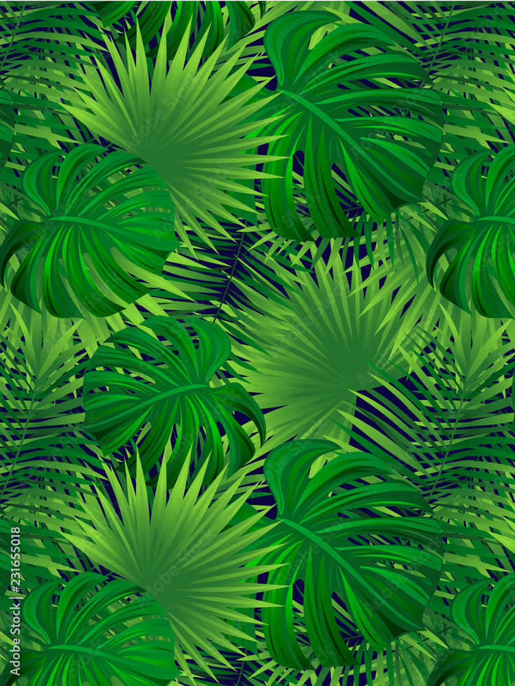 tropical forest vector illustration. Tropic background. Jungle seamless texture. Verticalal border frame. beautiful tropic leaves, plants. Summer, travelling, vacation design. Bright colors.