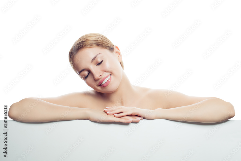 Young healthy woman resting on white banner background Young healthy woman resting on white banner background