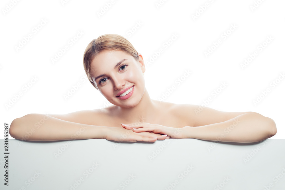 Beautiful young woman smiling on white board background Beautiful young woman smiling on white board background