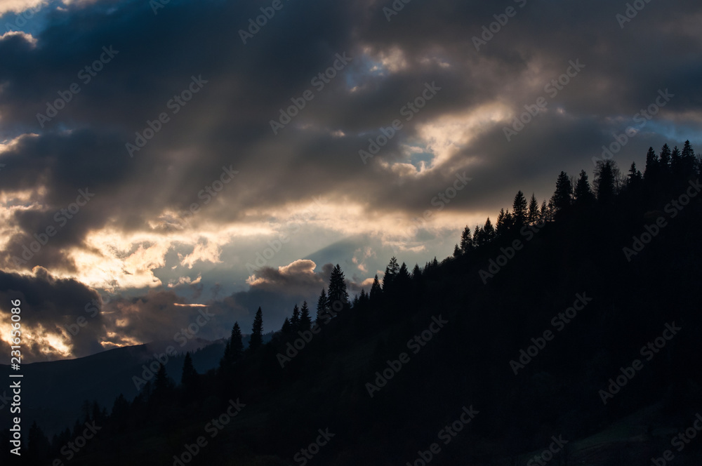 Dark sunset sky in the mountains