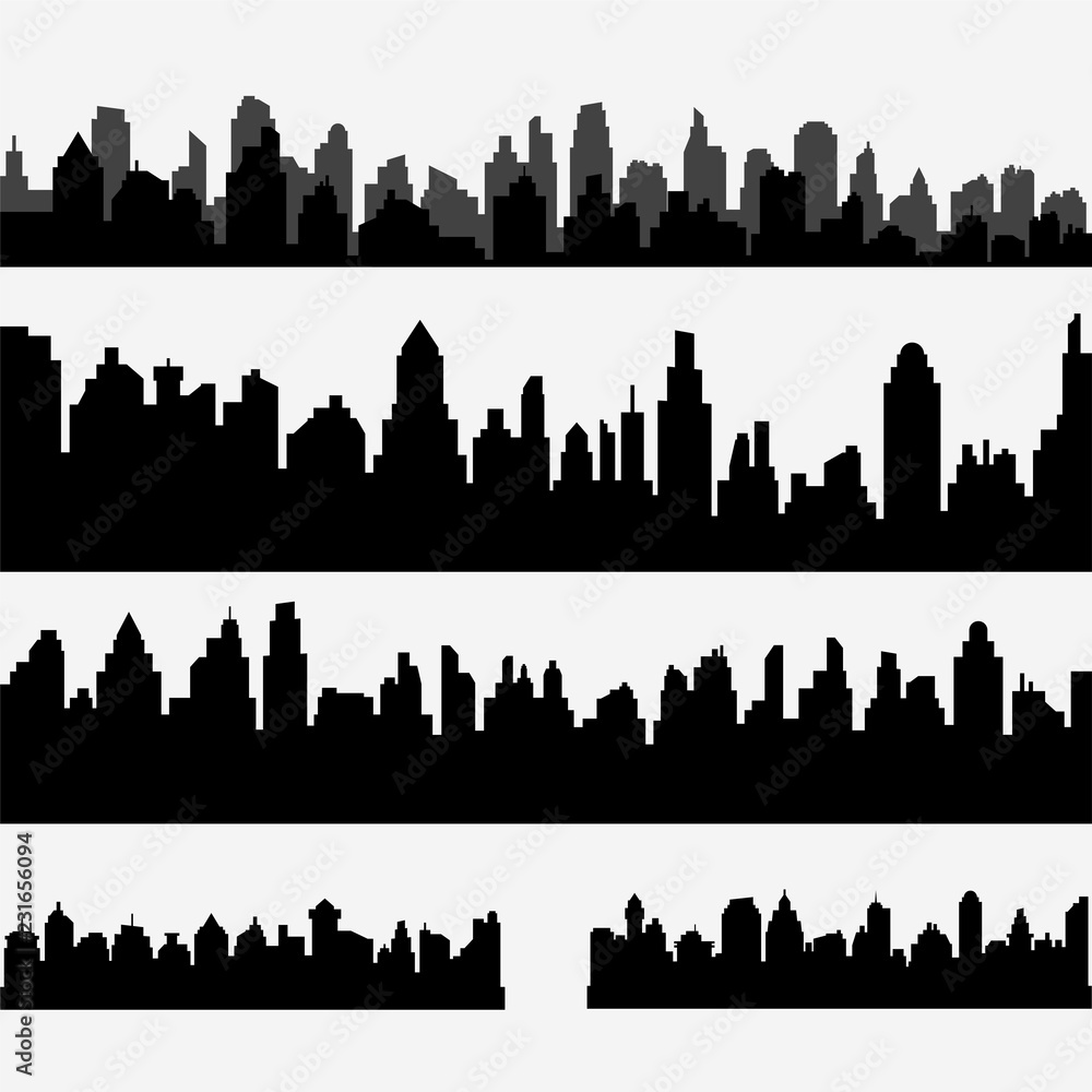 Vector set of black different horizontal cityscape