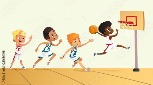 Vector Illustration Of Kids Playing Basketball. Team Playing Game. Team competition.