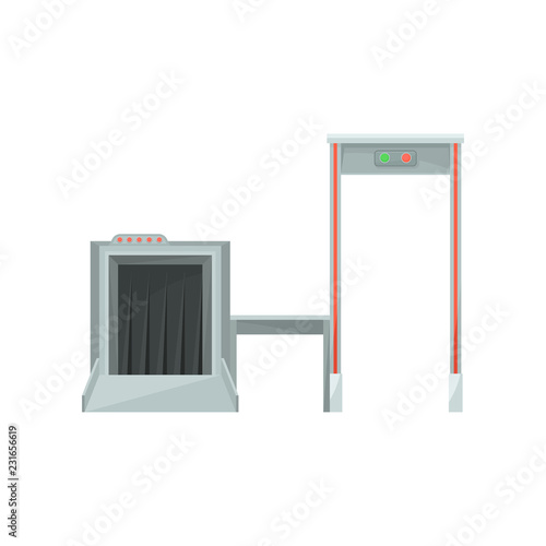 X-Ray machine for monitoring baggage and metal detector gate for checking passengers. Airport security system. Flat vector design