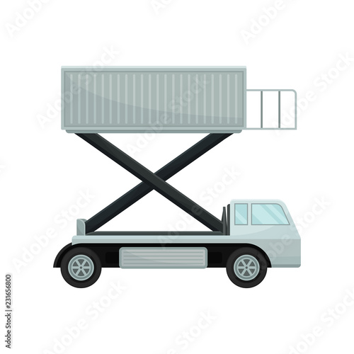 Aircraft passenger lift or catering truck, side view. Equipment for plane boarding. Airport theme. Flat vector design