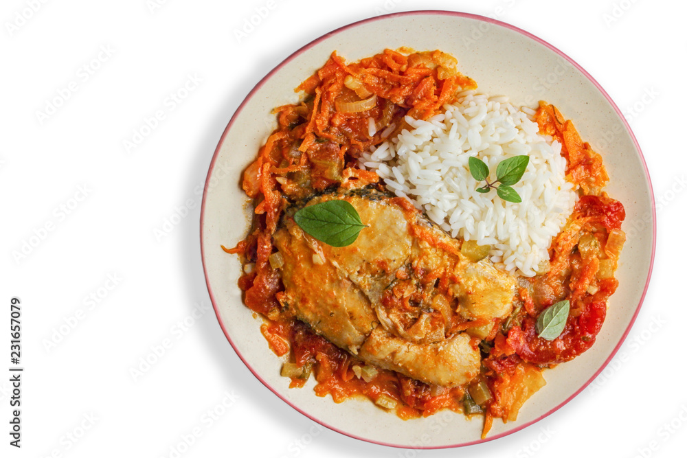 fish with tomato sauce, aroma spices and white rice, isolated on white