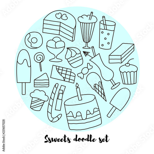 Set with hand drawn sweets elements in doodle style and lettering. Suitable for icons, templates, cafe and coffee shop menu.
