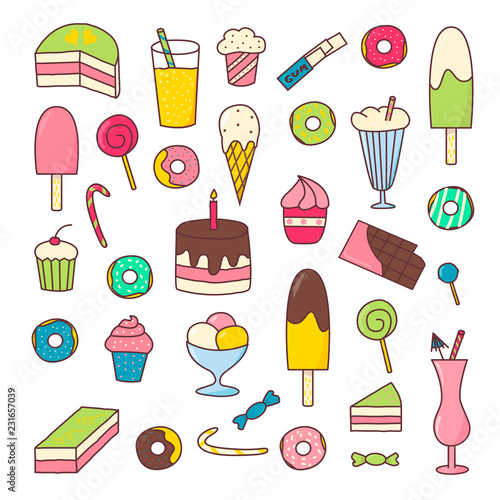 Set with hand drawn colorful sweets in doodle style. Suitable for icons, templates, cafe and coffee shop menu.