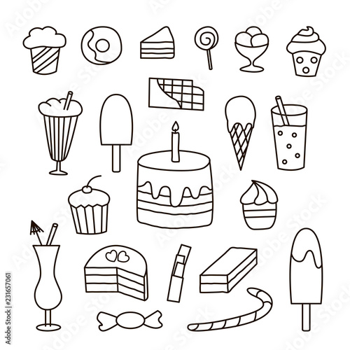 Set with hand drawn sweets in doodle style. Suitable for icons, templates, cafe and coffee shop menu.