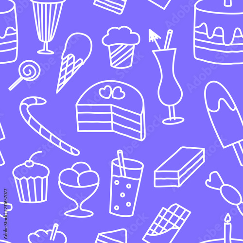 Seamless pattern with hand drawn sweets elements in doodle style. Vector illustration on violet background.