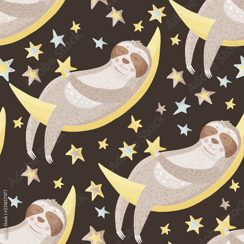 7311717 Seamless pattern with sloths in flat style.