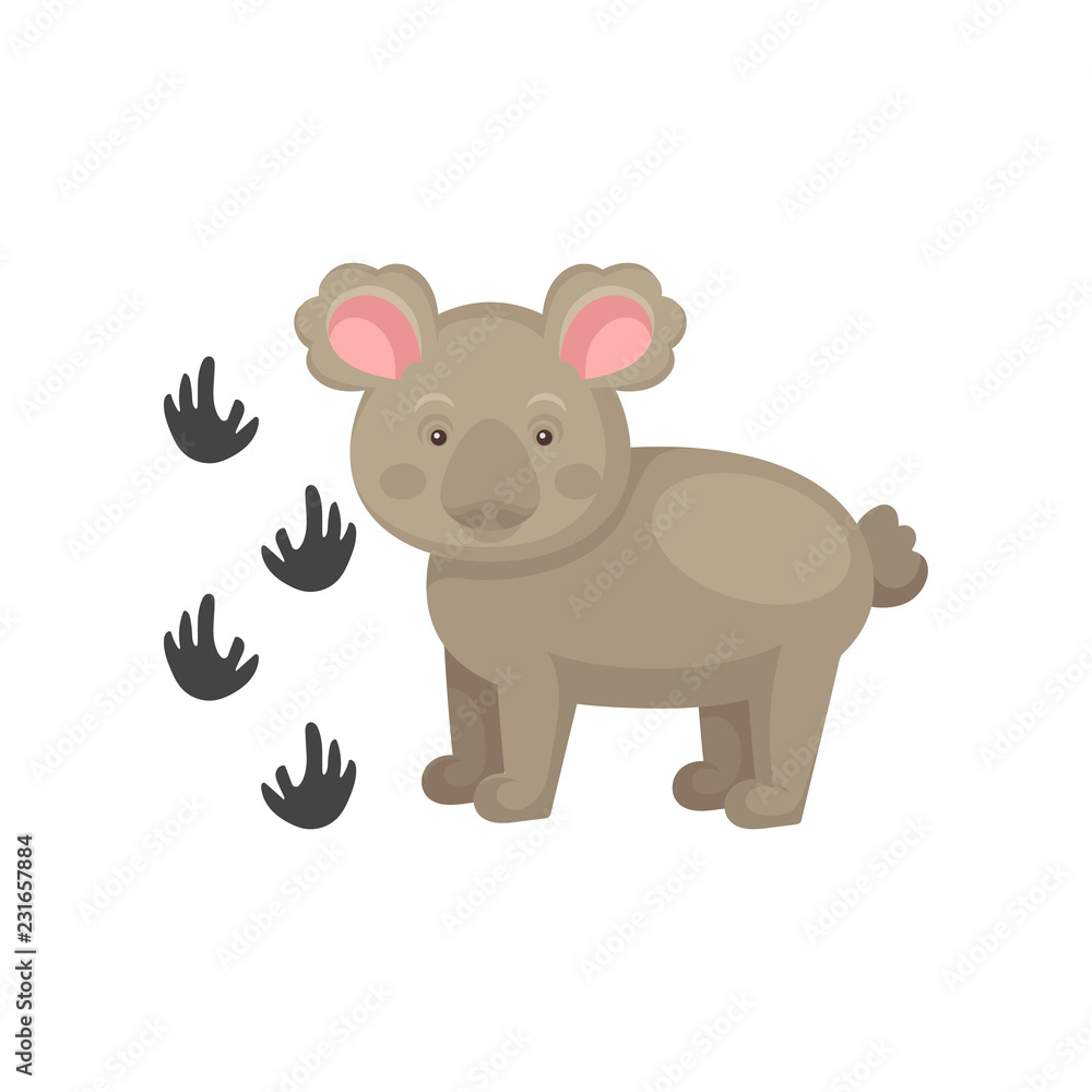 Adorable koala bear and his footprints. Wild animal. Zoo theme. Flat vector element for kids print or sticker