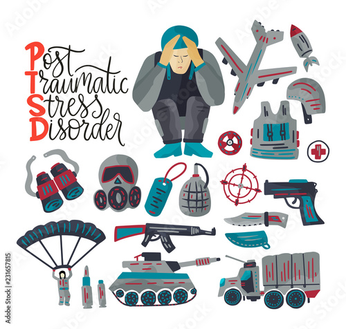7311725 PTSD. Post traumatic stress disorder vector illustration.