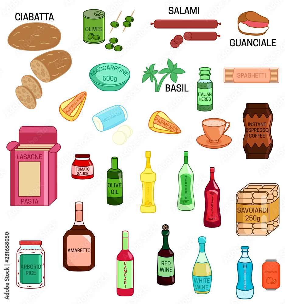 Set of different italian food and drinks colored illustration icons Set of different italian food and drinks colored illustration icons