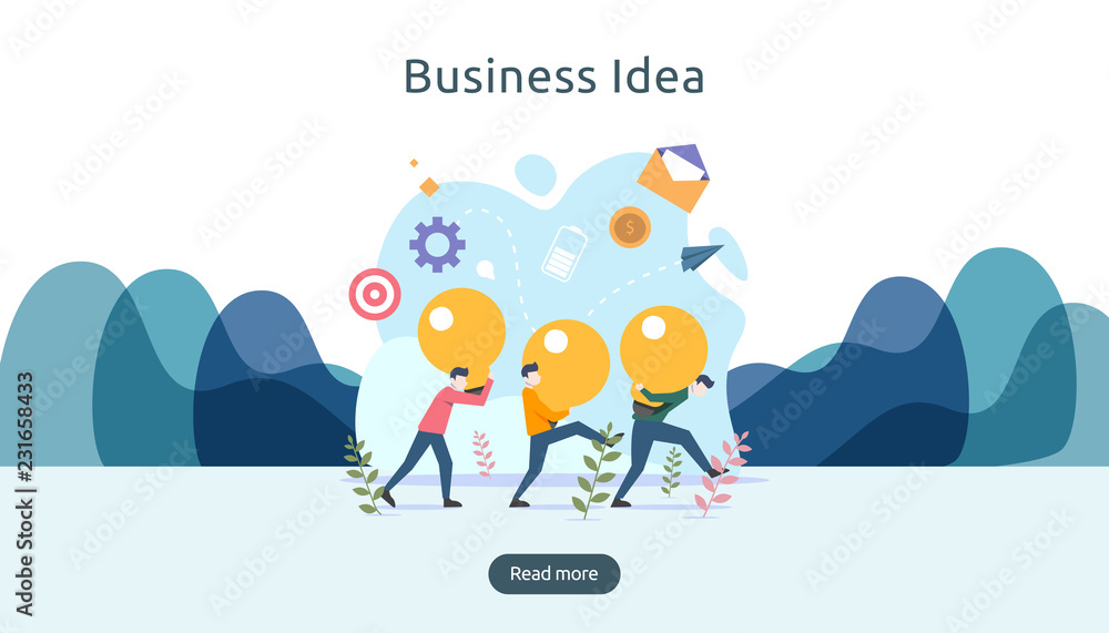 teamwork business brainstorming Idea concept with big yellow light bulb lamp, tiny people character. creative innovation solution. template for web landing page, banner, presentation, social media - obrazy, fototapety, plakaty 