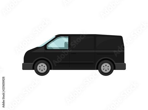 Mini-bus for passengers. Black van. Transport for airport customers. Service car. Automobile theme. Flat vector design