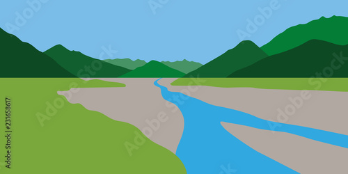 green summer mountain landscape with blue creek