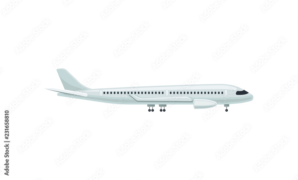 Large passenger airplane, side view. Air transport. Airport and travel theme. Flat vector element for airline website