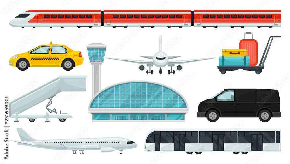 Flat vector set of airport elements. Express train, taxi, airplane ...