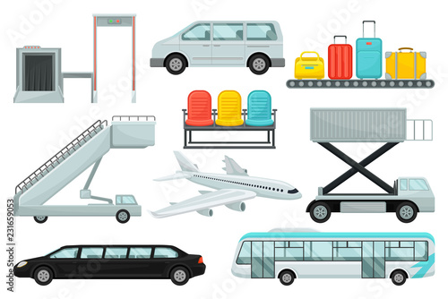 Flat vector set of airport elements. Transport, boarding stairs, carousel with suitcases, chairs, airplane and security system