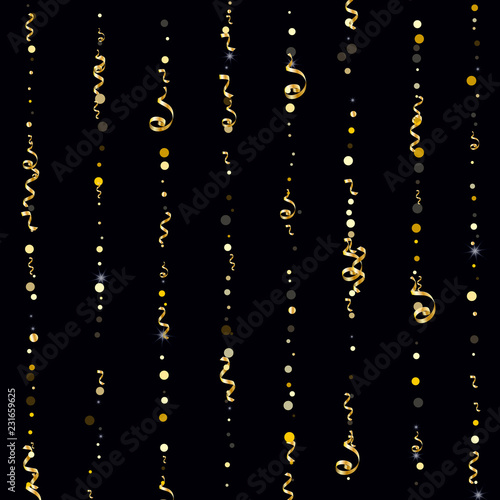 Golden serpentine and confetti on a black background Bright design wallpaper, background, cover, printing, packaging © Irina