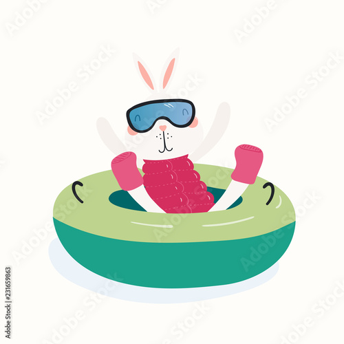 Hand drawn vector illustration of a cute funny bunny snow tubing outdoors in winter. Isolated objects on white background. Scandinavian style flat design. Concept for children print.