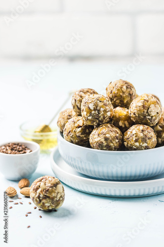 Apricot almond cashew energy balls. Selective focus, space for text.