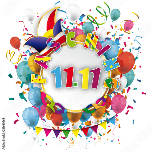 Fasching 11.11 Etikette mit Narrenkappe, Luftballons und Konfetti