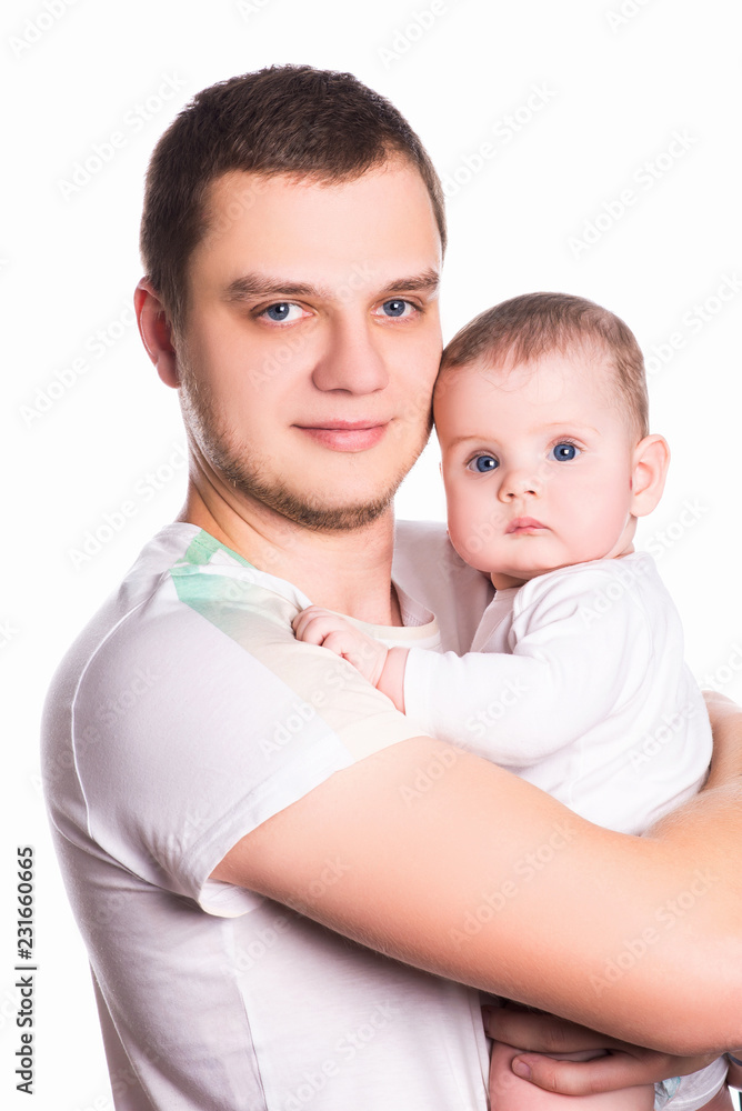 Happy father holding a cute baby child, isolated on white background Happy father holding a cute baby child, isolated on white background