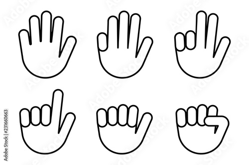 Hand icons with finger count. Hand gesture symbols, counting by bending fingers. Vector clip art illustration.