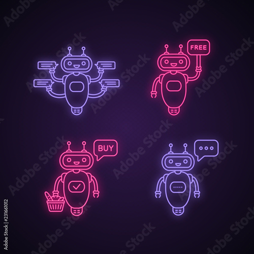 Chatbots neon light icons set