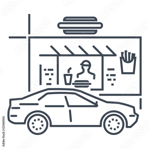 thin line icon drive thru restaurant, fast food, car