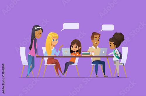 Computer Science Club. Happy children and students sitting at laptops talk to each other and learning programming. Coding for kids concept. Vector illustration for website, advertisement, poster