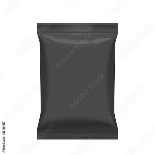 Flexible bag of Foil in Black color. Food snack pillow Realistic package.