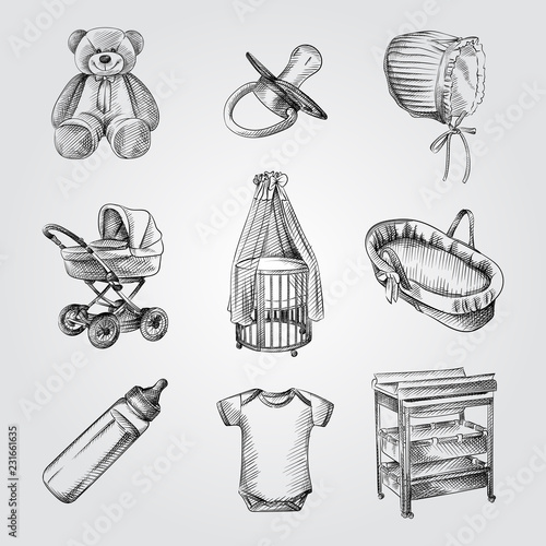 Hand Drawn Baby and newborn things Sketches Set. Collection Of Teddy bear, nipple, baby cap,  Baby carriage, cot, milk bottle, bodysuit, Sled, Mchanging table. Set of baby care Sketches