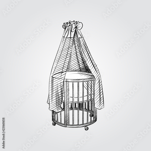 Hand Drawn round cot Sketch Symbol isolated on white background. Vector of cute newborn things In Trendy Style.