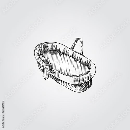 Hand Drawn basket for baby Sketch Symbol isolated on white background. Vector of cute newborn things In Trendy Style.