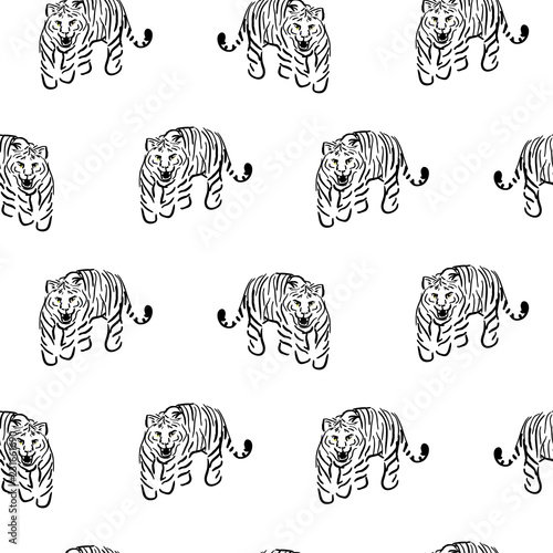 Photography Vector seamless pattern with tigers on white background