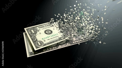 4K 3D rendering animation. The dematerialization of money, dollars are dematerialized on a black background.