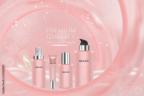 Beauty product, pink cosmetic containers with advertising background ready to use, holiday concept skin care ad, illustration vector.