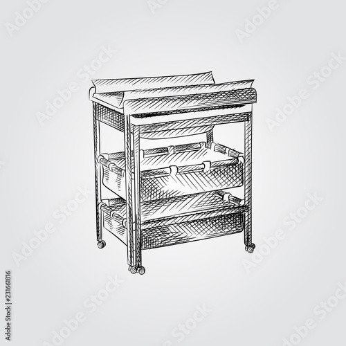 Hand Drawn baby changing table Sketch Symbol isolated on white background. Vector of cute newborn things In Trendy Style.