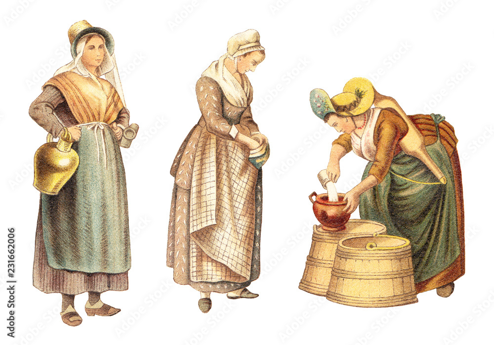 Historical milk maid fashion - from Antwerp - Belgium (left) and Amsterdam  - The Netherlands (right) / vintage illustration from Meyers  Konversations-Lexikon 1897 Stock Illustration