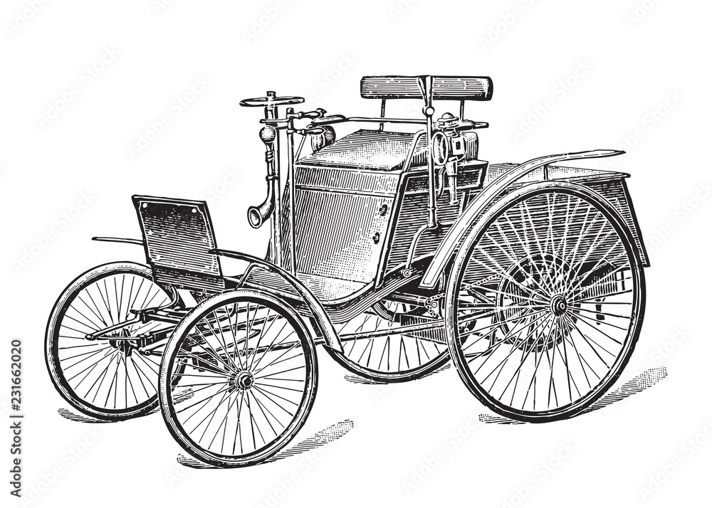 Old car (automobile) / vintage illustration from Meyers Konversations-Lexikon 1897
