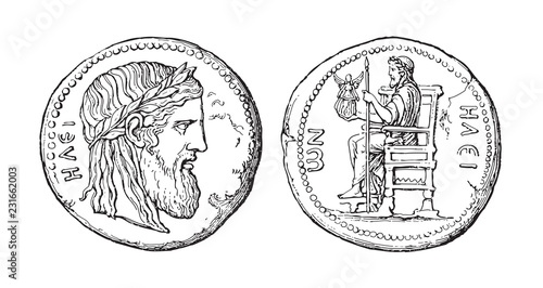 Ancient Greek coin of Elis illustrating the Olympian Zeus / vintage illustration from Meyers Konversations-Lexikon 1897