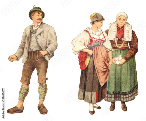 Historical German fashion - farmer (left) and girl and country woman (right) / vintage illustration from Meyers Konversations-Lexikon 1897 photo