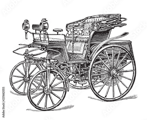 Old car (automobile) / vintage illustration from Meyers Konversations-Lexikon 1897