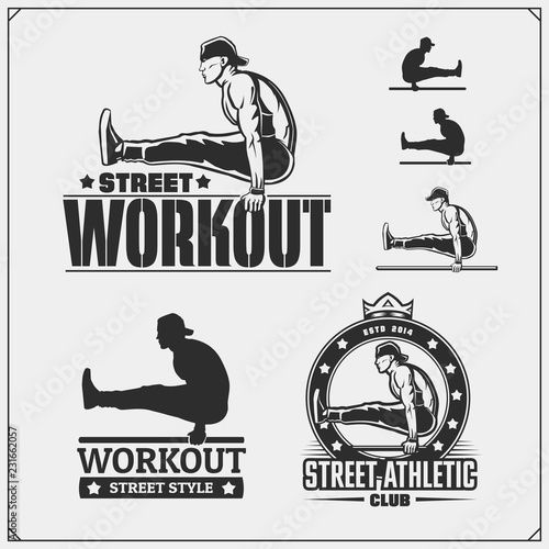 Vector set of Street Workout and fitness emblems and labels. Athletes illustrations and silhouettes. photo