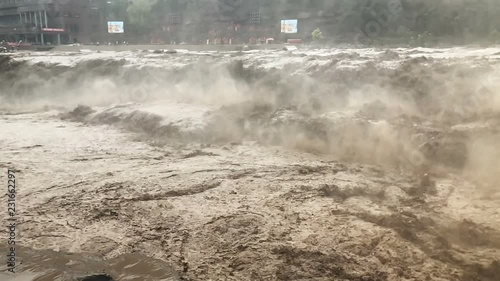 Slow motion and closeup of Hukou waterfall and Yellow River, Shanxi province, China